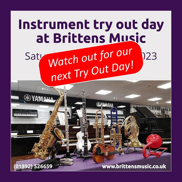 Music Instrument Try Out Day at Brittens Music Tunbridge Wells Kent on 18th February 2023 from 10.00am to 4.00pm