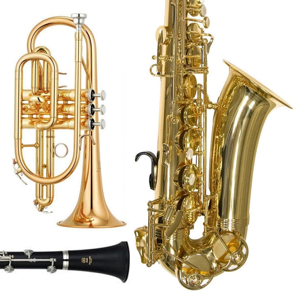 Brass and Woodwind Instruments including Trumpet Trombone Recorder Flute Clarinet and saxophone available for sale from Brittens music shops in Tunbridge Wells Kent and New Haw Surrey 