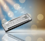 BJ Blues and folk Harmonica, ideal for beginners, in front of a stylised background