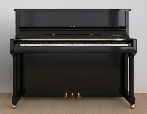 Black Danemann DU119 upright piano on a wooden floor with a plain white wall background