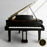Black Danemann baby grand piano with brass accents on a grey background featuring Try in Store Today