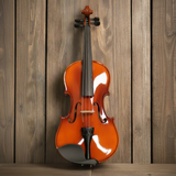 Sandner RV1 Violin standing in front of a wooden slatted background