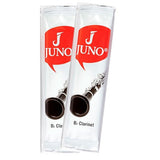 Two individual Juno B♭ clarinet reeds in white packaging on a white background