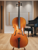 A Sandner MC2 cello - featured on a small cello stand, over a music-room background 