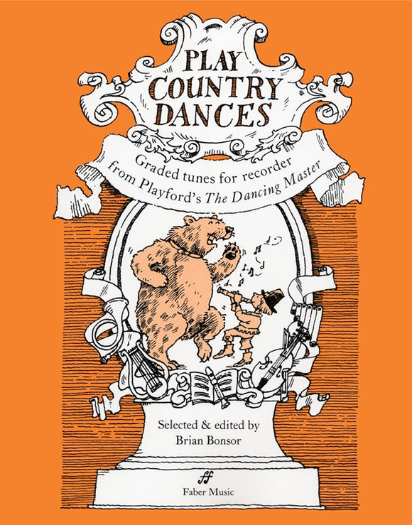 Book cover of 'Play Country Dances' for descant recorder with a bear and child illustration on an orange background