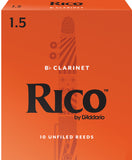 Box of 10 strength 1.5 Rico Bb clarinet reeds with orange background