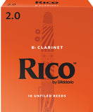 Box of 10 strength 2.0 Rico Bb clarinet reeds with orange background