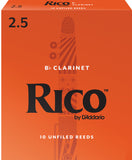 Box of 10 strength 2.5 Rico Bb clarinet reeds with orange background