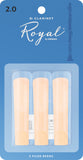 Pack of three, strength 2.0 Bb clarinet reeds with 'Royal' by D'Addario branding on a blue background part number RCB032