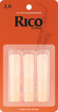 Pack of 3 Rico alto saxophone reeds Strength 2 - in packaging with three reeds inside on an orange card 