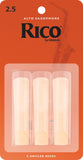 Pack of 3 Rico alto saxophone reeds Strength 2.5 - in packaging with three reeds inside on an orange card 