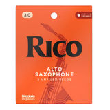 Pack of 3 Rico alto saxophone reeds Strength 3 - in packaging with three reeds inside on an orange card 