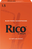 Rico by D'Addario Baritone Saxophone Reeds Strength 1.5, featuring the brand logo and a saxophone on an orange box.