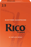 Rico by D'Addario Baritone Saxophone Reeds Strength 2.5, featuring the brand logo and a saxophone on an orange box.