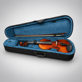 An open violin case with a soft padded blue interior, containing a Sandner RV1 violin and bow, shown on a light grey background.