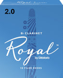 Box of D'Addario Royal Bb Clarinet reeds Strength 2.0 with a blue background
