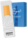 Royal by D'Addario Organics Bb clarinet reed Strength 1 in packaging, with blue Royal box in the background