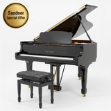 Black grand piano with a bench on a white background, featuring Sandner branding.