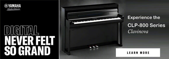 A picture of a Yamaha black CLP-885PE with the words Digital (piano) Never Felt so Grand. Experience the Yamaha CLP 800 Series of digital pianos at Brittens Music in Tunbridge Wells in Kent