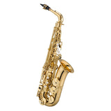 A gold lacquered brass alto saxophone with a detachable bell, featuring adjustable palm keys and a high F# key.