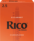 Packaging of Rico Eb Clarinet Reed 2.5 by D'Addario, displaying the brand name and reed type, against an orange background.