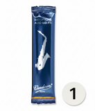 Vandoren alto saxophone reed with a white saxophone illustration on a blue background Strength 1.0